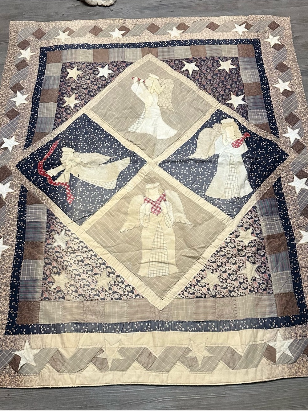 Vintage angel Patchwork Quilt - Cream, Navy & Brown - some discolouration -as is